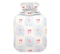 Bow Flower Plaid Pattern Hot Water Bottle with Velvet Cover Hot Water Bag for Pain Relief 1L, Neck Cramps Shoulders Pain Relief, Hot Cold Pack
