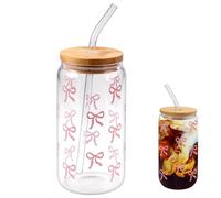Bow Glass Cup, 500 ml Bow Iced Coffee Glass Cups with Lids and Straws, Bow Mug Aesthetic Cups, Pink Cute Mug for Girls, Personalised Birthday Gifts for Women, Friends, Smoothie Cup