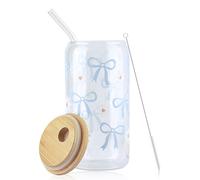 Bow Glass Cup Set, 500ml Can Shaped Glasses with Airtight Bamboo Lids Iced Coffee Cup Set Elegant Bubble Tea Cups Elegant Transparent Cute Coffee Cups Aesthetic Gifts for Women Girls Friends (blue)