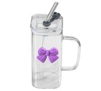 Bow Glass Cups with Lids and Straws, 400ml Square Cup with Straw Lid Handle, Bownot Design Glass Mug, Elegant Gift for Friend, Versatile Drinking Cups for Milk, Coffee, Cold or Hot Drinks (1pc-PP)