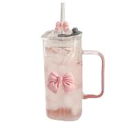 Bow Glass Cups with Lids and Straws, 400ml Square Cup with Straw Lid Handle, Bownot Design Glass Mug, Elegant Gift for Friend, Versatile Drinking Cups for Milk, Coffee, Cold or Hot Drinks (1pc-PK)