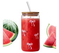 Bow Glass Cups with Lids and Straws, 500ml Cute Bow Tumbler, Glass Drinking Cup with Pink Stuff Tea Mug, for Teen Girls Iced Coffee Matchas Tea Drinking Water Bar Home Kitchen
