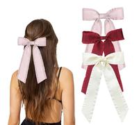 Bow Hair Clip - 3PCS Soft Creamy White Pink Cherry Red Hair Bow Clip - Big Hair Clip with Long Soft Silky Satin - Large French HairBow for Girls and Women