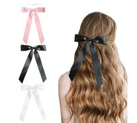 Bow Hair Clips GWAWG 3 Pack Hair Bows, Barrettes Solid Color, Hair Ribbons with Long Silky Satin Silky, Hair Bows for Women Girls for Women Girls(Black, White, and Pink)