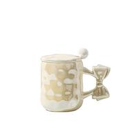 Bow Handle Mug with Lid Spoon Ceramic Cup Set Large Home Office Couple Water Tea Coffee (Glossy Beige,450 ml / 15.22 oz)