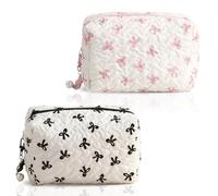 Bow Makeup Bag, Small Make up Bag for Handbag,2 Pack Cute Coquette Mini Quilted Cosmetic Pouch Handbag, Small Travel Toiletry Organizer Purse for Women Girls Gift(Black & Pink)