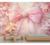 Bow Murals Pink and White Flower Wallpaper Pearls Art Deco Wallpaper Luxury Bedroom Wall Paper for Bedroom Living Room Sofa TV Background Large Wall Mural Poster 500X300cm