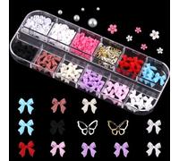 Bow Nail Charms,1Box 12Grids Flat Pearl Flower Bow Butterfly Nail Gems with Caviar Beads,Bowknot 3D Nail Art Decorations Nail Accessories for Nail Art Design DIY Crafting (B Pattern)