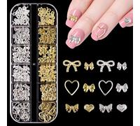 Bow Nail Charms,1Boxes 12Grids Bow and Star Nail Gems,Gold Silver Metal Alloy Rivet Stickers Bowknot Nail Art Decorations Accessories for Nail Art Design DIY Crafts (Gold Silver A)