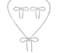 Bow Necklace - Diamond Bow Necklace with Earrings, Tennis Necklace, Diamond Necklace for Women, Rhinestone Necklace, Bow Jewelry, Bow Necklace Silver, Fashion Bow Jewellery Necklace for Women Bride
