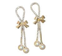 Bow Pearl Dangle Earrings for Women - Gold Rhinestone Tassel Layered Earrings, Layered Bow Earrings with Double Pearl Drop Earrings, Fashion Costume Jewellery for Daily/Party Wear.