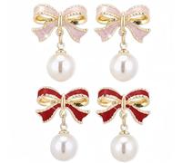 Bow Pearl Dangle Earrings Set for Women, 2 Pairs Pink Red Enamel Bow Drop Earrings Gold Twisted Trim Faux Pearl Earrings, Sweet Vintage Earrings for Wedding Christmas Party Daily Jewelry Gift