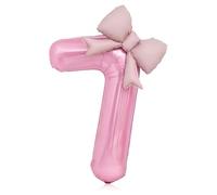 Bow Pink 7 Balloons, 40 Inch Giant Pink Bow Helium Foil Number 7 for Girls, Self Inflating 7th Birthday Balloon for Women Anniversary Baby Shower Princess Party Decorations Supplies