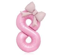 Bow Pink 8 Balloons, 40 Inch Giant Pink Bow Helium Foil Number 8 for Girls, Self Inflating 8th Birthday Balloon for Women Anniversary Baby Shower Princess Party Decorations Supplies