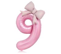 Bow Pink 9 Balloons, 40 Inch Giant Pink Bow Helium Foil Number 9 for Girls, Self Inflating 9th Birthday Balloon for Women Anniversary Baby Shower Princess Party Decorations Supplies
