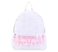 Bow Print Floral Ruffle Backpack Pink Striped Large Capacity Cute Aesthetic | Bow Print Floral Ruffle Backpack Pink Striped Large Capacity; Multi Pocket Organizational Design; Ergonomic Carry For Daily