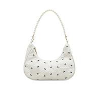 Bow Print Hobo Shoulder Bag, Lightweight Quilted Crescent Purse with Pearl Chain Strap, White Crossbody Bag for Women, White, 9.8"(l) X 7.1"(h) X 2.6"(w)