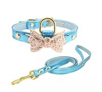 Bow Rhinestone PU Dog Collares Pet Supplies Artificial Diamond Bowknot Dog Leashes (Color : Blue Size : M Code) (Blue L code)
