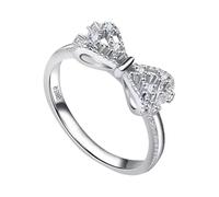 Bow Ring, Cute Rings with Bow - Silver Bow Ring with Cubic Zirconia and Bow - Round Engagement Ring Pave Set Stackable Finger Rings with Bow for Valentine's Day, Siehe Beschreibung, White Copper, See