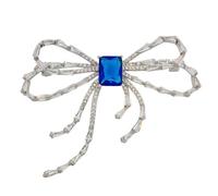 Bow-Shaped Brooch with Royal Blue Square Center Stone - Elegant and Lively Design for Women, Middle, Copper, cubic zirconia
