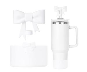 Bow Silicone Protective for Stanley Boot for 20/30/40Oz, Bow Straw Cover Topper for Stanley Cup 10mm/0.4in, 2 Pack Cup Accessories Compatible 12-24Oz for Hydroflask Boot and More (White Set)