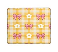 Bow Small Mouse Pad, Spring Playful Flower Checkered Spring Yellow Square Rubber Non Slip Aesthetic Mousepads for Desk Accessories for Office Home Computer Laptop Square 8x10 Inch