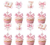 Bow Theme First Communion Party Decorations 24pcs Pink Bow Cupcake Toppers Bowknot Christening First Holy Communion Cake Decors for Girl Bow Tie Mi Primera Baby Shower Gender Reveal Party Supplies