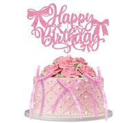 Bow Themed Happy Birthday Cake Topper Decor with 6 Pink Twist Tie Bows,18 x 16.8 cm Glittery Pink Bowknot Cupcake Sign Toppers Decorations for Coquette-Style Birthday Party Supplies