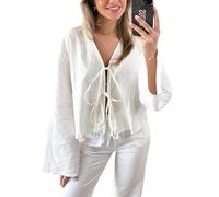 Bow Tie Front Tops for Women Casual Lace Up Bow Shirts Hollow Out V Neck Long Flare Sleeve Blouses Tops, White, M