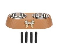 Bow Tie Pet Double Bowl Elevated cat food bowl Stainless Steel Dog Cat Food Water Dish Set Non Slip Elevated Feeder with i Tip Design Easy to Clean (Coffee Color)