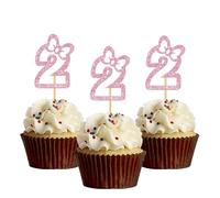Bow Two Cupcake Toppers - Girls Children 2nd Birthday Cupcake Toppers - Twins 2nd Birthday - Number 2 Sign Birthday Party Decorations Pink Glitter - 24 Pcs