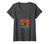 Bow Wow Wow Playful Dog Lover Design with Paw V-Neck T-Shirt, Women, Dark Heather Grey, XL