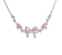 Bow Zircon Bracelet - Friendship is Like a Bow, Love Knot Pink Zircon Friendship Bracelets, Adjustable Ribbon Bow Bracelet for Women (Silver)