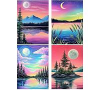 Bowetile 4 Pack DIY Landscape Diamond Painting, Moon Mountain Lake Diamond Art Painting Kits for Adults, Hill Full Drill Painting Rhinestone Embroidery Pictures for Beginner Home Wall Decor 30x40 cm