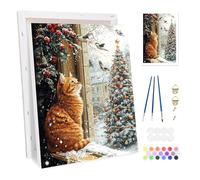 Bowetile Christmas Framed Paint by Numbers for Adults, Christmas Cat Painting by Numbers Kit for Adults Beginners Canvas Kit, DIY Color Oil Painting Acrylic Paints for Home Wall Decor 20x30cm
