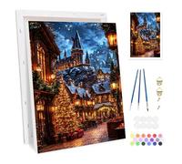 Bowetile Christmas Framed Paint by Numbers for Adults, Christmas Cottage Painting by Numbers Kit for Adults Beginners Canvas Kit, DIY Color Oil Painting Acrylic Paints for Home Wall Decor 20x30cm