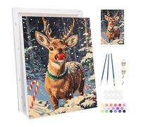 Bowetile Christmas Framed Paint by Numbers for Adults, Christmas Reindeer Painting by Numbers Kit for Adults Beginners DIY Canvas Kit, Colorful Oil Painting Acrylic Paints for Home Wall Decor 20x30cm