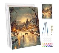 Bowetile Christmas Framed Paint by Numbers for Adults, Winter Village Painting by Numbers Kit for Adults Beginners Canvas Kit, DIY Color Oil Painting Acrylic Paints for Home Wall Decor 20x30cm