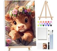 Bowetile Cow Paint by Numbers for Adults with Framed Canvas&Wooden Easel, Animals Painting by Numbers Kit for Adults Beginners Canvas Kit, DIY Acrylic Pigment Drawing Paintwork for Home Decor 20x30cm
