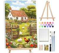 BOWETILE Easter Paint by Numbers for Adults with Framed Canvas&Wooden Easel,Village Painting by Numbers Kit for Adults Beginners Canvas Kit,Color Oil Painting Acrylic Paints for Home Wall Decor20x30cm