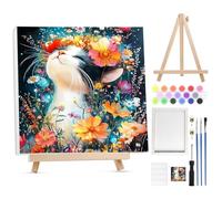 BOWETILE Flowers Cat Paint by Numbers for Adults with Framed Canvas&Wooden Easel,Landscape Painting by Numbers Kit for Adults Beginners Canvas Kit, DIY Color Acrylic Paints for Home Wall Decor 30x30cm