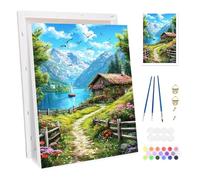 Bowetile Framed Paint by Numbers for Adults, Village Mountains Painting by Numbers Kit for Adults Beginners Canvas Kit, DIY Colorful Oil Painting Acrylic Paints for Home Wall Decor 20x30cm