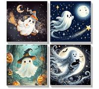 Bowetile Halloween 4 Pack Framed Paint by Numbers for Adults Kids, Pumpkin Painting by Numbers Kit for Children Beginners Canvas Kit, DIY Color Oil Painting Acrylic Paints for Home Wall Decor 20x20cm