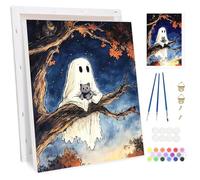 BOWETILE Halloween Ghost and Cat Framed Paint by Numbers for Adults, Landscape Painting by Numbers Kit for Adults Beginners Canvas Kit,DIY Color Oil Painting Acrylic Paints for Home Wall Decor 20x30cm