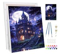 Bowetile Halloween Moon Castle Framed Paint by Numbers for Adults, Landscape Painting by Numbers Kit for Adults Beginners Canvas Kit, DIY Color Oil Painting Acrylic Paints for Home Wall Decor 20x30cm