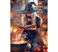 BOWETILE Halloween Witch Diamond Art for Adults, Pumpkin with Magic Witch Diamond Painting, Full Drill Painting Rhinestone Embroidery Pictures for Beginners, Gem Arts Crafts for Home Wall Decor30x40cm