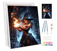 Bowetile Halloween Witch Framed Paint by Numbers for Adults, Pumpkin Painting by Numbers Kit for Adults Beginners Canvas Kit, DIY Color Oil Painting Acrylic Paints for Home Wall Decor 20x30cm