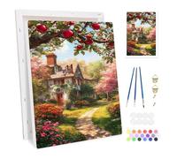 Bowetile Landscape Framed Paint by Numbers for Adults, Village Cottage Painting by Numbers Kit for Adults Beginners Canvas Kit, DIY Color Oil Painting Acrylic Paints for Home Wall Decor 20x30cm