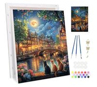 BOWETILE Moon and Cat Framed Paint by Numbers for Adults, Halloween Landscape Painting by Numbers Kit for Adults Beginners Canvas Kit, DIY Color Oil Painting Acrylic Paints for Home Wall Decor 20x30cm