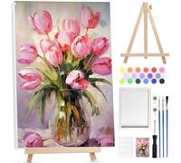 BOWETILE Pink Flowers Paint by Numbers for Adults with Framed Canvas&Wooden Easel, Painting by Numbers Kit for Adults Beginners Canvas Kit, DIY Acrylic Pigment Drawing Paintwork for Home Decor 20x30cm